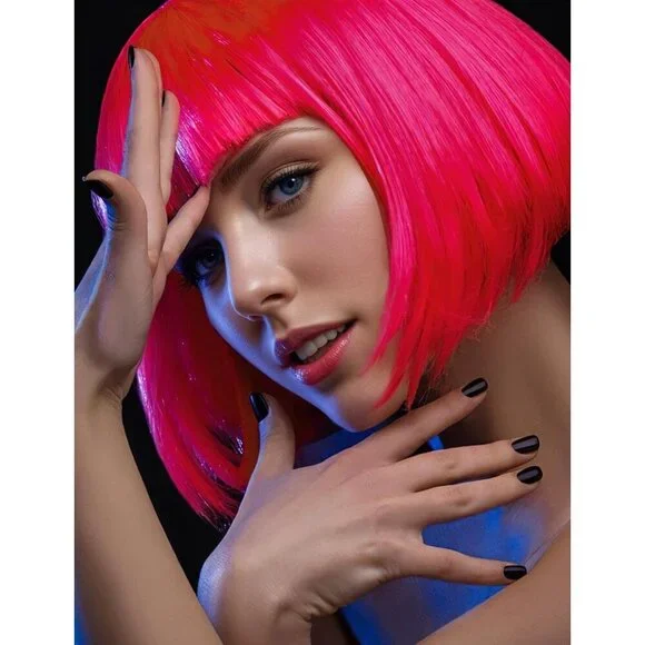 Women's Hot Pink 12 Inch Costume Cosplay Party Short Bob Wigs And Sunglass - Picture 3 of 6